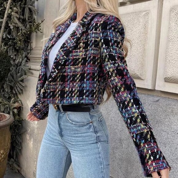 Zara Tweed Cropped Jacket - Multicolored Check, Size L - Picture 2 of 5